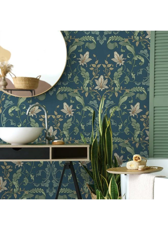 VaryStyle William Morris Floral Wallpaper Navy Blue Green Fern Leaf Floral Peel and Stick Vintage Victorian Wallpaper for Bedroom Bathroom Removable Retro Contact Paper for Walls Cabinets 17.7"x118" - Image 2