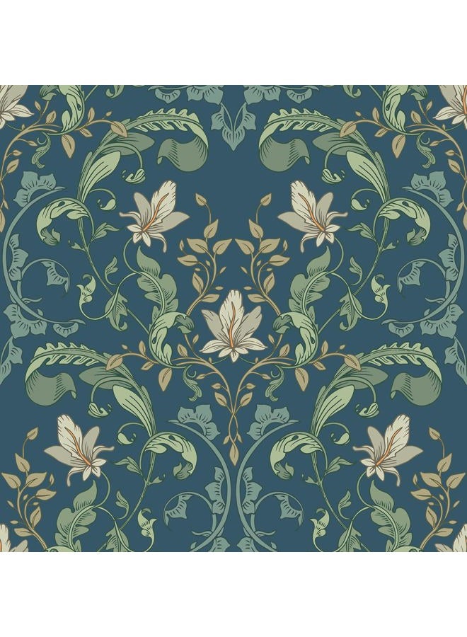 VaryStyle William Morris Floral Wallpaper Navy Blue Green Fern Leaf Floral Peel and Stick Vintage Victorian Wallpaper for Bedroom Bathroom Removable Retro Contact Paper for Walls Cabinets 17.7"x118" - Image 1