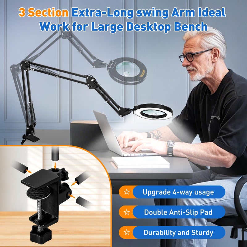 NUEYiO Ultra Long 3-Section Swing Arm 12X Magnifying Glass with Light and Stand, 4-Way Large Strong Metal Clamp Lighted Magnifier Lamp, 5 Color Modes LED Magnifying Lamp for Workbench, Crafting, Hobby - Image 2