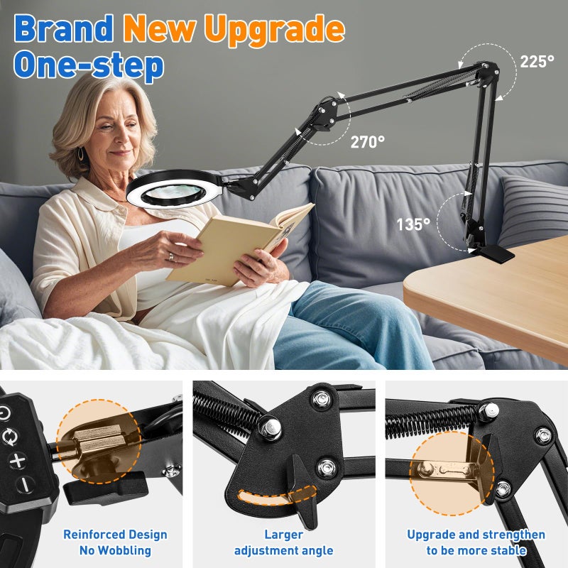 NUEYiO Ultra Long 3-Section Swing Arm 12X Magnifying Glass with Light and Stand, 4-Way Large Strong Metal Clamp Lighted Magnifier Lamp, 5 Color Modes LED Magnifying Lamp for Workbench, Crafting, Hobby - Image 5