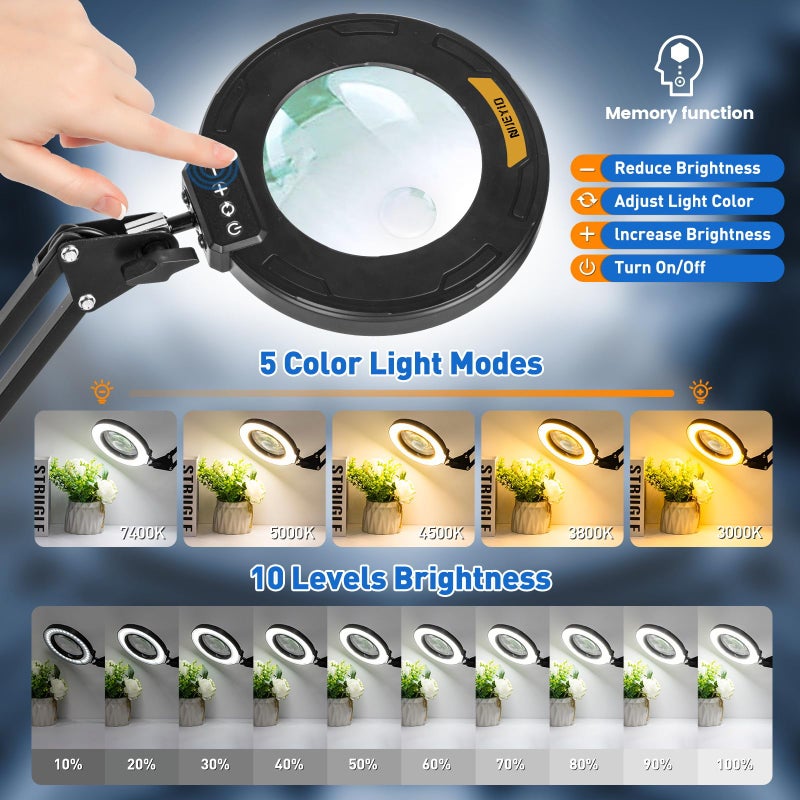 NUEYiO Ultra Long 3-Section Swing Arm 12X Magnifying Glass with Light and Stand, 4-Way Large Strong Metal Clamp Lighted Magnifier Lamp, 5 Color Modes LED Magnifying Lamp for Workbench, Crafting, Hobby - Image 3