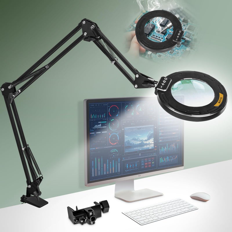 NUEYiO Ultra Long 3-Section Swing Arm 12X Magnifying Glass with Light and Stand, 4-Way Large Strong Metal Clamp Lighted Magnifier Lamp, 5 Color Modes LED Magnifying Lamp for Workbench, Crafting, Hobby - Image 1