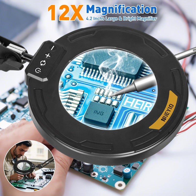 NUEYiO Ultra Long 3-Section Swing Arm 12X Magnifying Glass with Light and Stand, 4-Way Large Strong Metal Clamp Lighted Magnifier Lamp, 5 Color Modes LED Magnifying Lamp for Workbench, Crafting, Hobby - Image 4