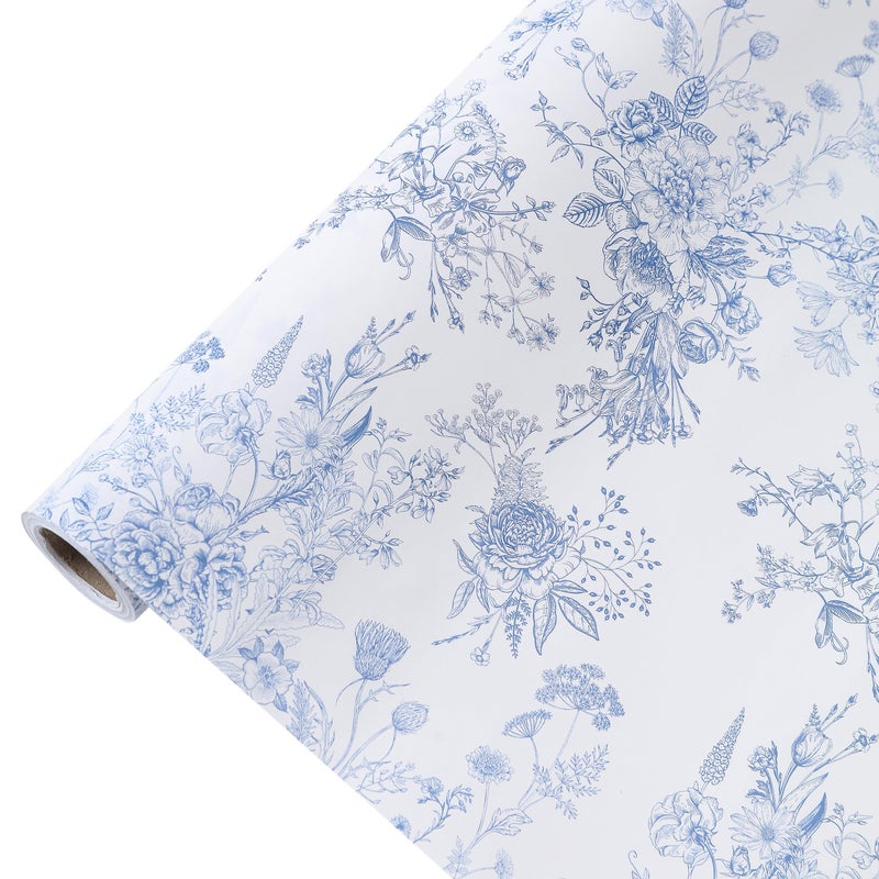 Qirrmiy Blue Floral Wrapping Paper Roll, Mini Roll-17 Inches * 32.8 Feet, Flowers Design Wrap Paper for Girls Women Grandma, for Birthdays, Valentine's Day, Weddings, Anniversaries, Mother's Day, 1 Roll - Image 1