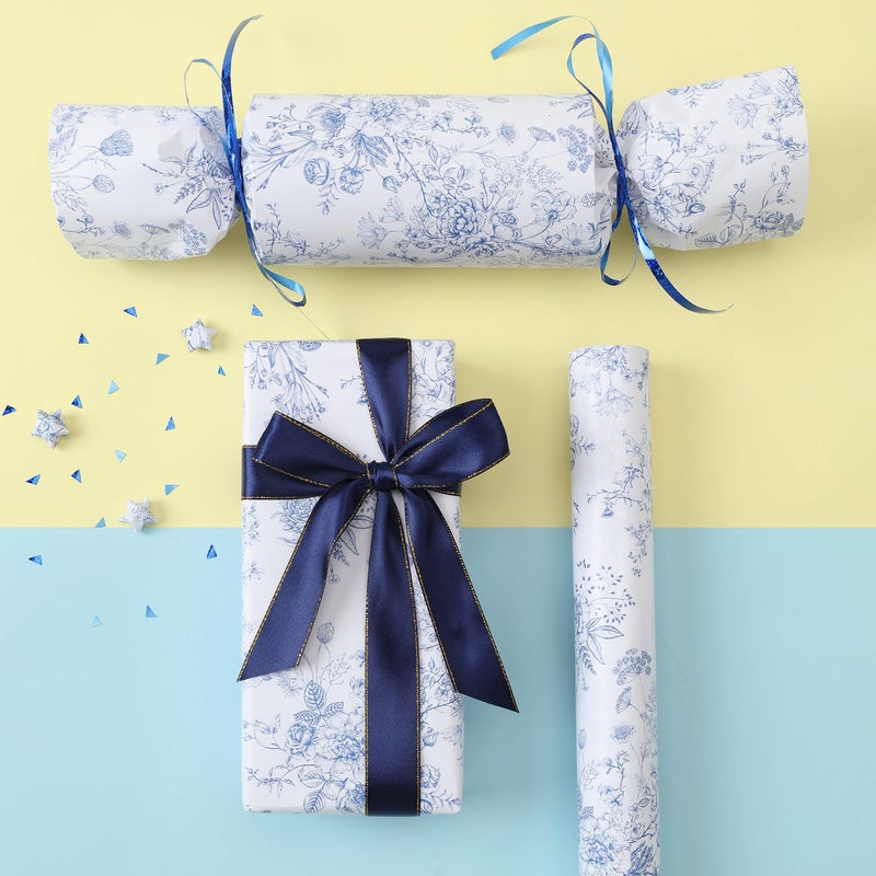 Qirrmiy Blue Floral Wrapping Paper Roll, Mini Roll-17 Inches * 32.8 Feet, Flowers Design Wrap Paper for Girls Women Grandma, for Birthdays, Valentine's Day, Weddings, Anniversaries, Mother's Day, 1 Roll - Image 2