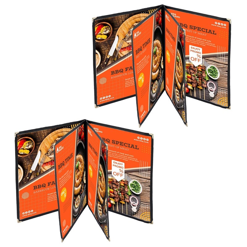 MYFULLY 2 Pack Menu Covers 8.5 x 11 Inch, 4 Page 8 View Restaurant Menu Holder, Transparent Plastic Menu Sleeves with Leatherette Trim, Fits A4 Letter Size Paper for Kitchen, Cafe, Bar, Homeschool - Image 1