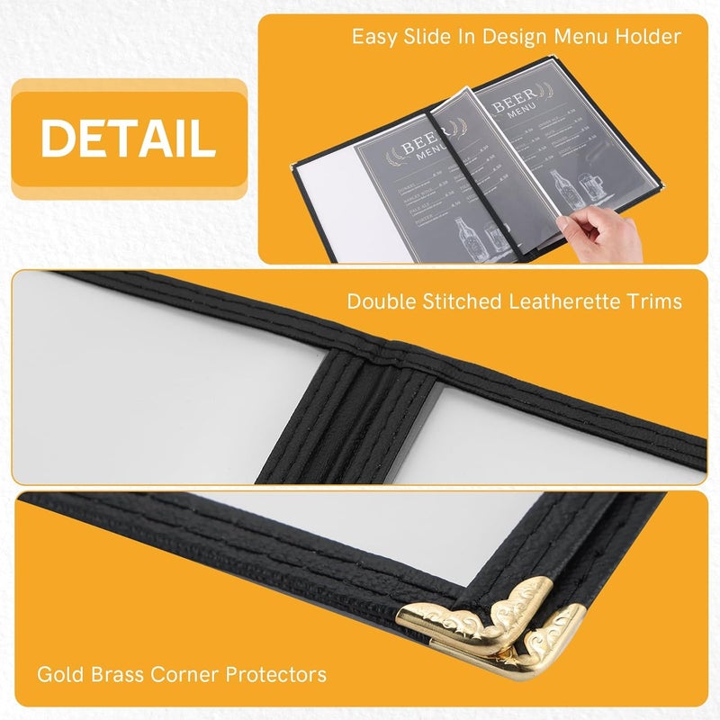 MYFULLY 2 Pack Menu Covers 8.5 x 11 Inch, 4 Page 8 View Restaurant Menu Holder, Transparent Plastic Menu Sleeves with Leatherette Trim, Fits A4 Letter Size Paper for Kitchen, Cafe, Bar, Homeschool - Image 4
