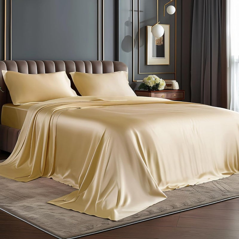 BEDELITE California King Sheets Set, Luxury Soft Champagne Satin Sheets for Hair and Skin, Similar to Silk Bed Sheets Set 4 Pieces with 1 Deep Pocket Fitted Sheet, 1 Flat Sheet, and 2 Pillowcases - Image 1