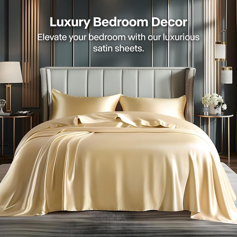 BEDELITE California King Sheets Set, Luxury Soft Champagne Satin Sheets for Hair and Skin, Similar to Silk Bed Sheets Set 4 Pieces with 1 Deep Pocket Fitted Sheet, 1 Flat Sheet, and 2 Pillowcases - Image 2