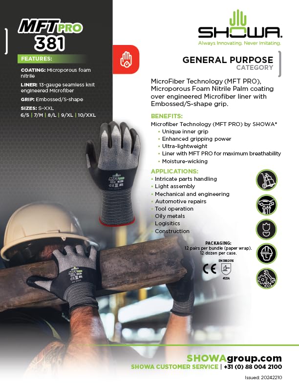 SHOWA MFT PRO 381 Foam Nitrile Palm Coated General Purpose Work Glove with Microfiber Liner, 13-Gauge, X-Large (12 Pair) - Image 2