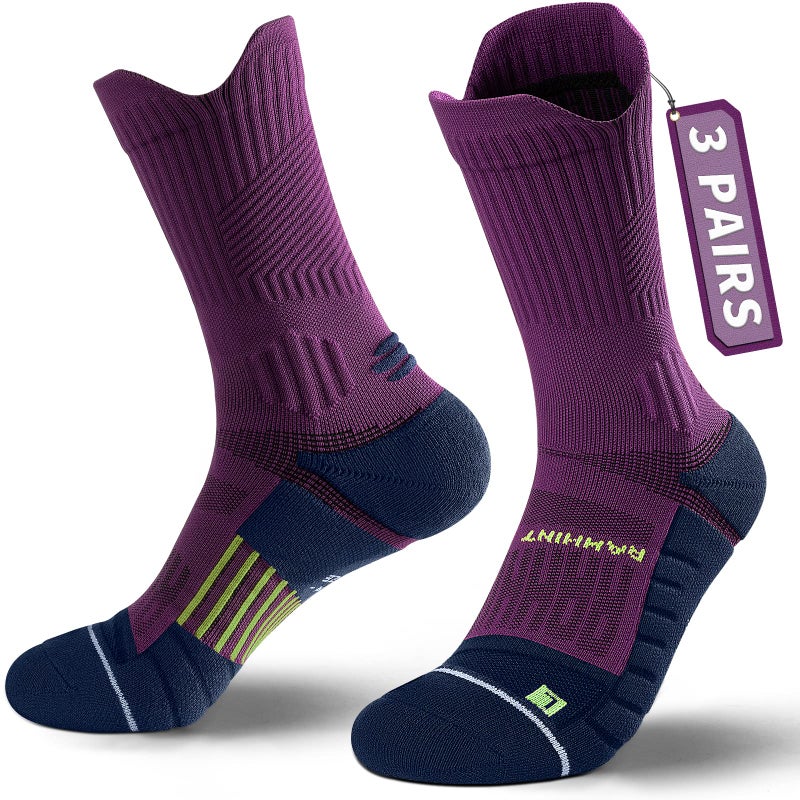 Rahhint Compression Running Socks 3 Pairs, Cushion Crew Socks, Anti-Blister Moisture Wicking Athletic Hiking Basketball Socks - Image 1