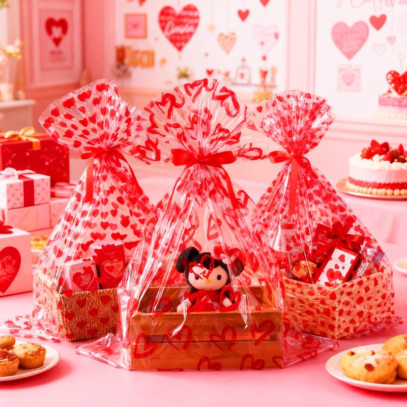 Tenceur 30 Pcs Gaint Valentine's Day Heart Clear Cellophane Gift Bags with Red Ribbons - Large 25.6 Ã— 31.5 Inches Valentine's Day Plastic Basket Wrapping for Gifts, Crafts, Dolls, and Toys - Image 5