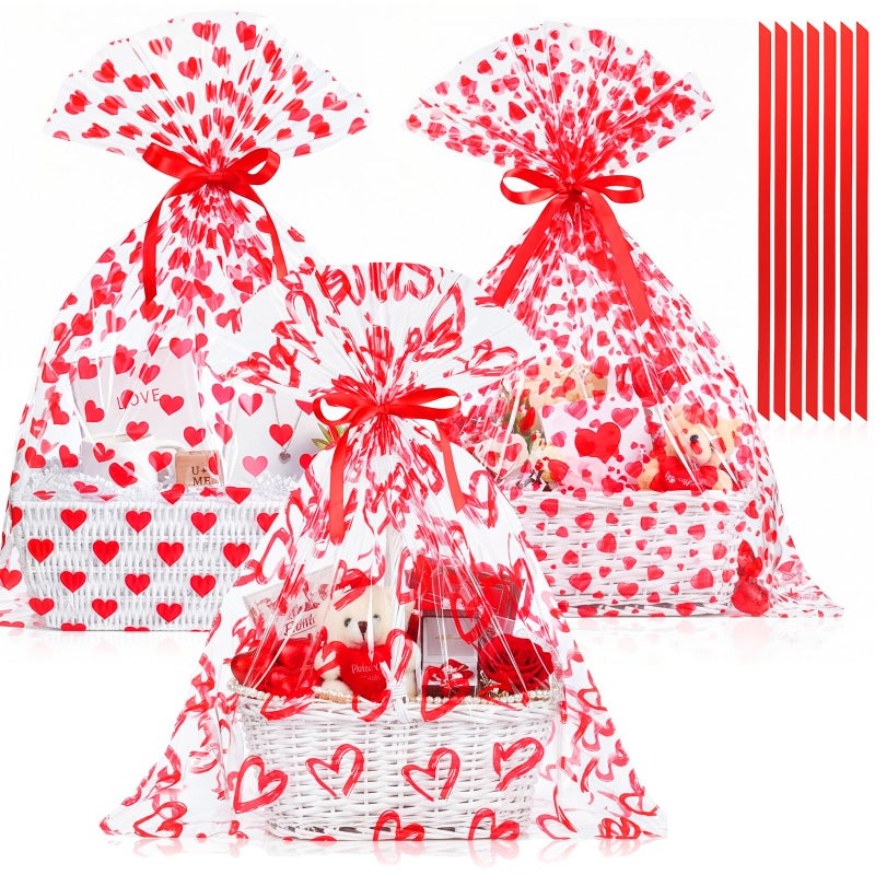 Tenceur 30 Pcs Gaint Valentine's Day Heart Clear Cellophane Gift Bags with Red Ribbons - Large 25.6 Ã— 31.5 Inches Valentine's Day Plastic Basket Wrapping for Gifts, Crafts, Dolls, and Toys - Image 1