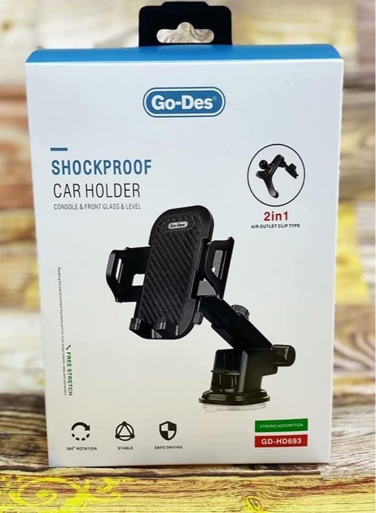 Go-Des Car Mobile Holder, 360 Degree Rotation & Adjustable Mobile Stand for Car Dashboard Windshield and Air Vent Black (HD693- - Image 1