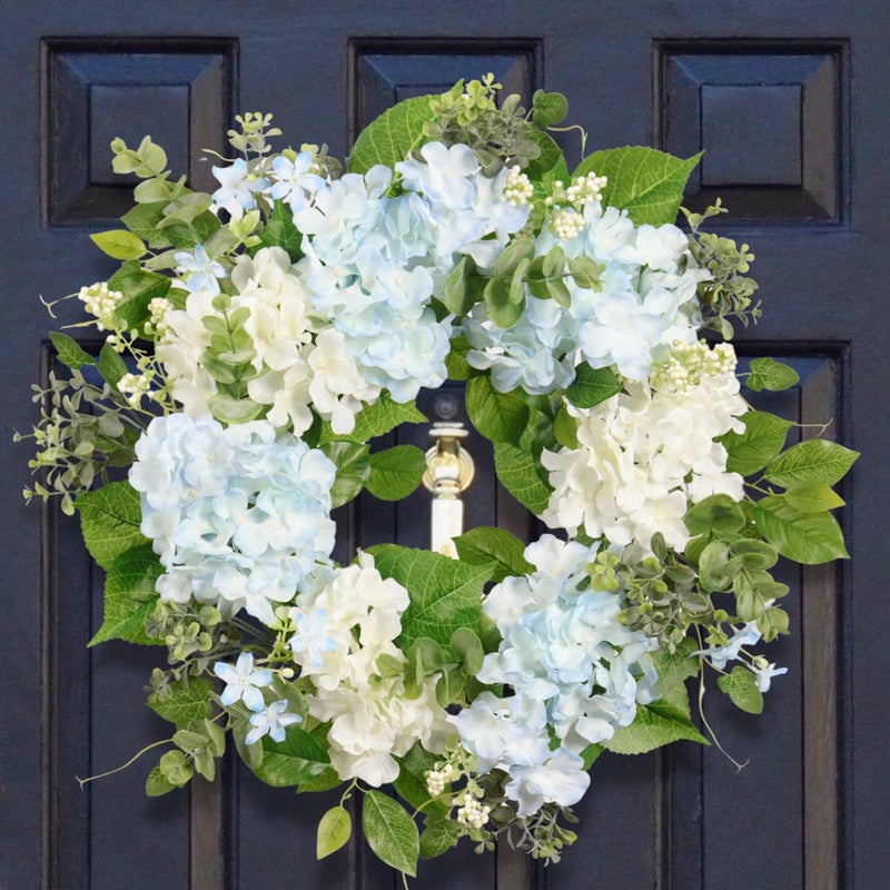 Quixem Spring Wreath Artificial Hydrangea Eucalyptus 20IN, Light Blue White Green, Spring Easter Summer Front Door Wall DÃ©cor - Image 1