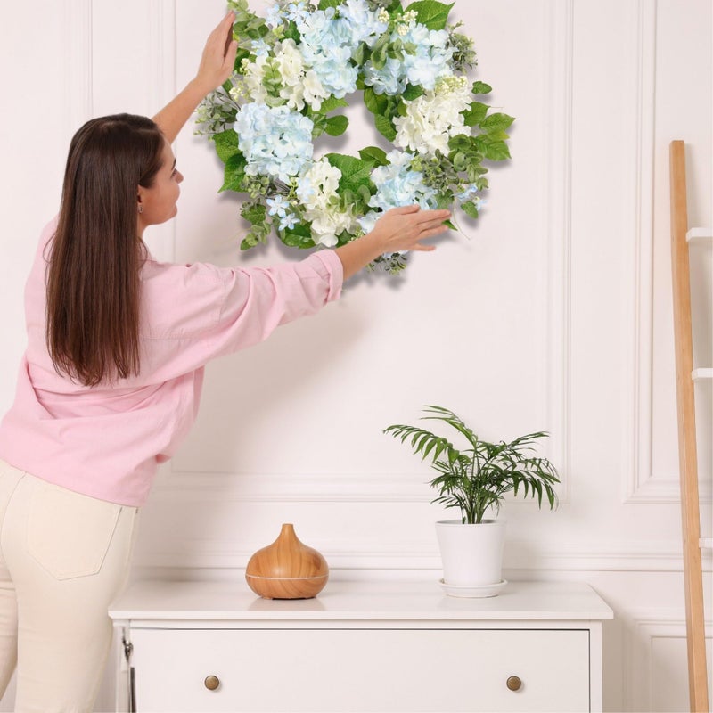 Quixem Spring Wreath Artificial Hydrangea Eucalyptus 20IN, Light Blue White Green, Spring Easter Summer Front Door Wall DÃ©cor - Image 4