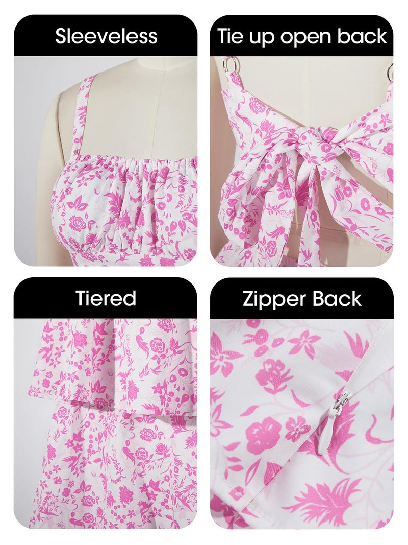 Fisoew Womens Floral Maxi Dresses Spaghetti Strap Casual Sleeveless Ruffle Flowy Tiered Dress Pink - Image 5