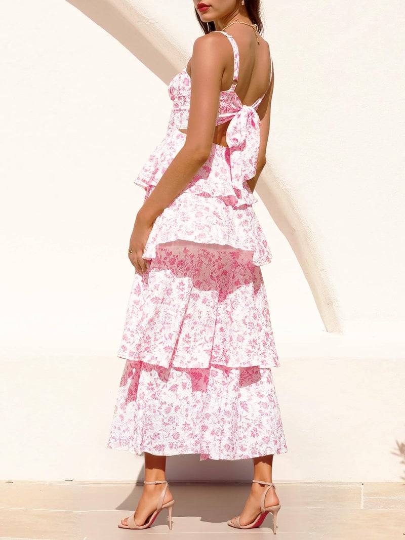 Fisoew Womens Floral Maxi Dresses Spaghetti Strap Casual Sleeveless Ruffle Flowy Tiered Dress Pink - Image 3