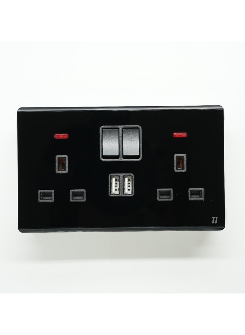 تي جيه TJ INCLINE BLACK BS 13A 2G SWITCH SOCKET + 2 USB + NEON 10117