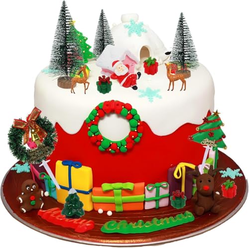 RAYNAG 16Piece Christmas Cake Toppers Mini Santa Reindeer Trees Gifts Ornaments for Christmas Birthday Parties - Image 1