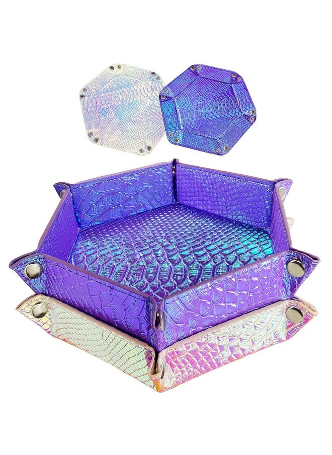 SIQUK 2 Pieces Mermaid Dice Tray Pu Leather Dice Trays Portable Folding Hexagon Dice Roller Tray For Dice Games Like Rpg Dnd And Other Table Games (Violet Light Violet)  - Image 2