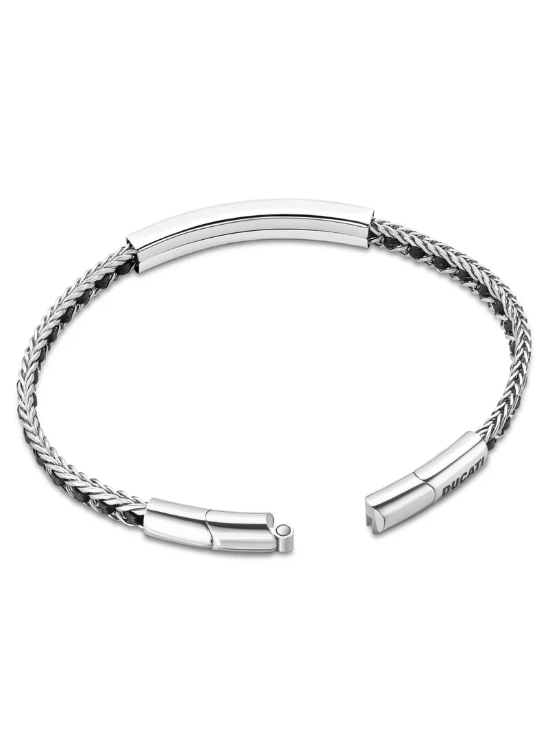 دوكاتي كورس Catena Black Silver Leather & Stainless Steel Gents Bracelet with Magnetic Closure - 210 mm