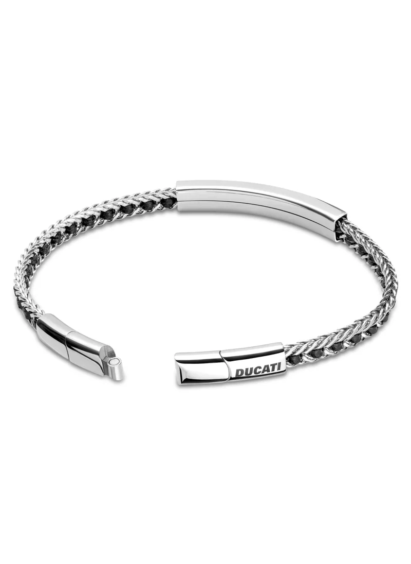 دوكاتي كورس Catena Black Silver Leather & Stainless Steel Gents Bracelet with Magnetic Closure - 210 mm