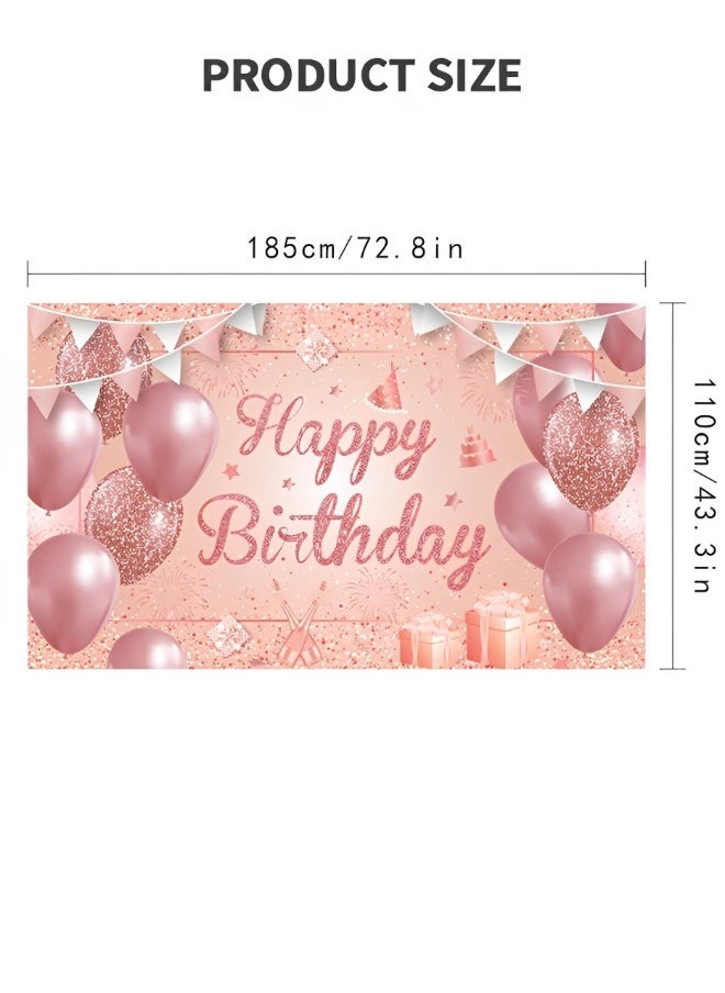 GROIC - Happy Birthday Party Decorations Supplies Birthday Party Backdrop Happy Birthday Banner Baby Shower Photography Background Photo Booth Pink and Rose Gold 185*110cm - Image 1