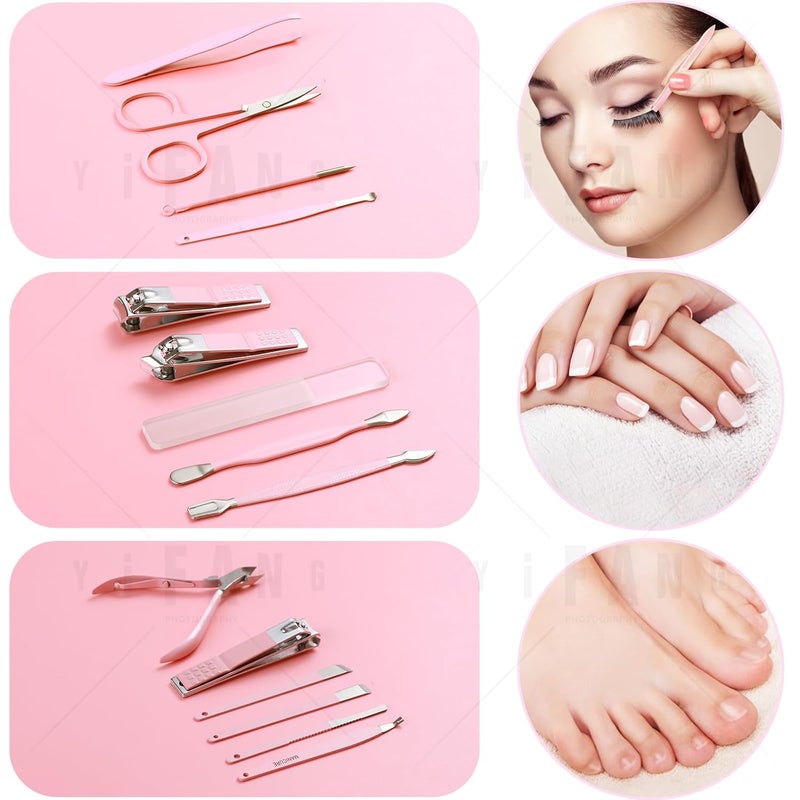QLNE Manicure Set Pedicure Kit Nail Clippers Set Fingernail Clipper Set Ingrown Toenail Nail Kit Scissor Nail Trimmer Kit 15 Pieces Travel Nail Kit Care Grooming Tools with Fine Case Fine GIF (Pink_15in1) - Image 2