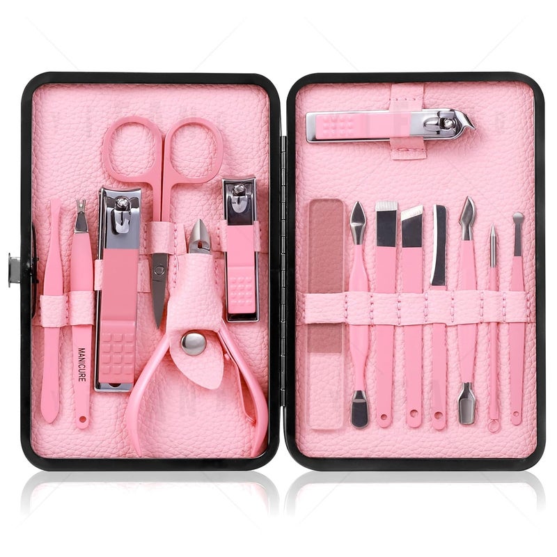 QLNE Manicure Set Pedicure Kit Nail Clippers Set Fingernail Clipper Set Ingrown Toenail Nail Kit Scissor Nail Trimmer Kit 15 Pieces Travel Nail Kit Care Grooming Tools with Fine Case Fine GIF (Pink_15in1) - Image 1