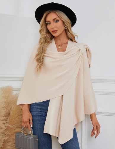PULI Womens Beige Large Cross Front Poncho Sweater Wrap Topper Knitted Elegant Shawls Cape for Fall Winter - Image 3