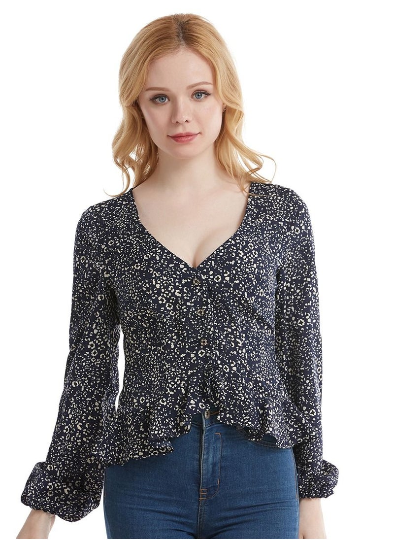 Loquat - Women's Stylish Long Sleeve Top Printed Chiffon Ruffled Blouse Navy Blue Mix - Image 1