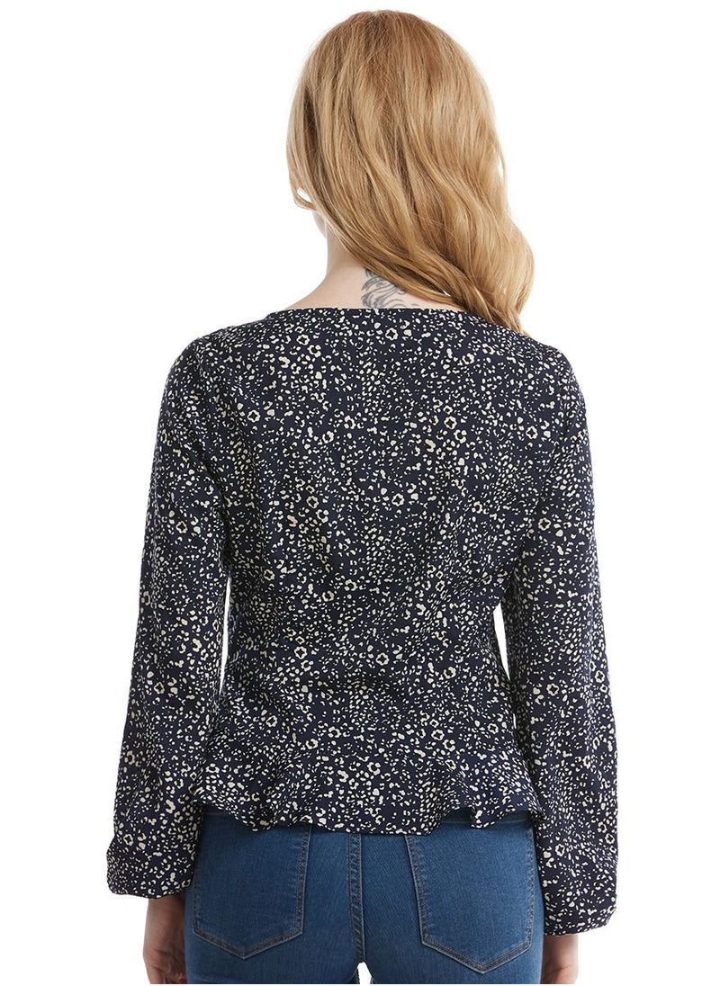Loquat - Women's Stylish Long Sleeve Top Printed Chiffon Ruffled Blouse Navy Blue Mix - Image 1