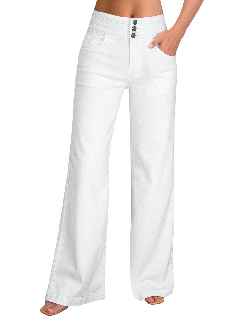 roswear Women's Wide Leg Jeans Casual High Waisted Stretch Baggy Loose Denim Pants White Small - Image 3