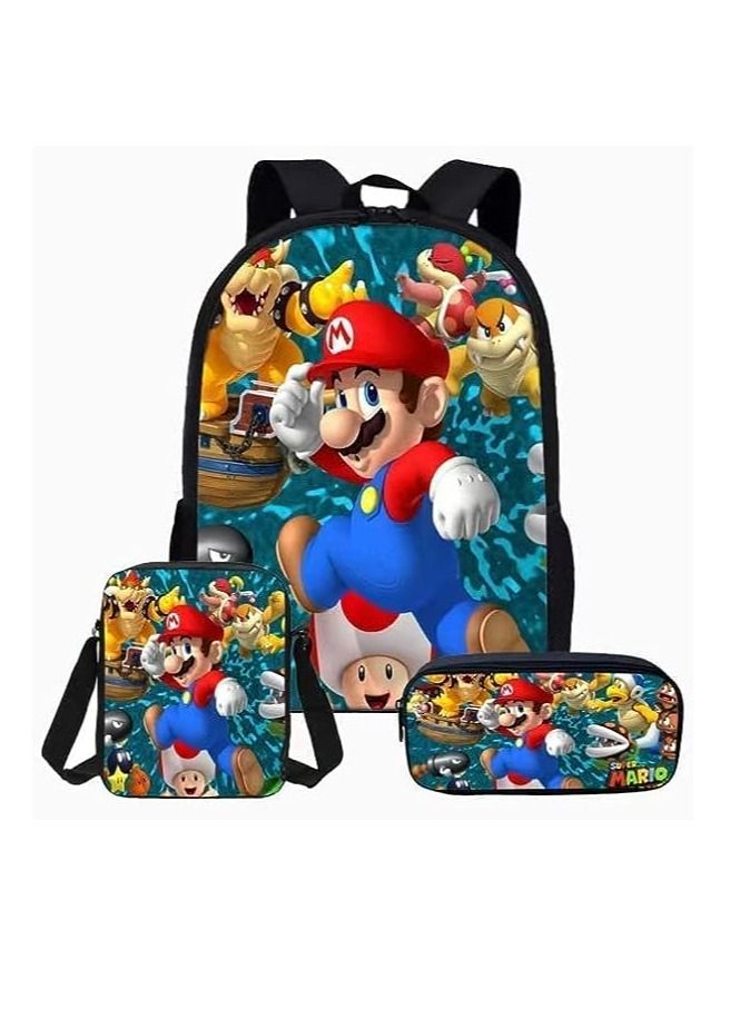 3pcs Super Mario School Bag Set for Boys and Girls Crossbody Backpack and Super Mario Pencil Case for Kids - Image 1