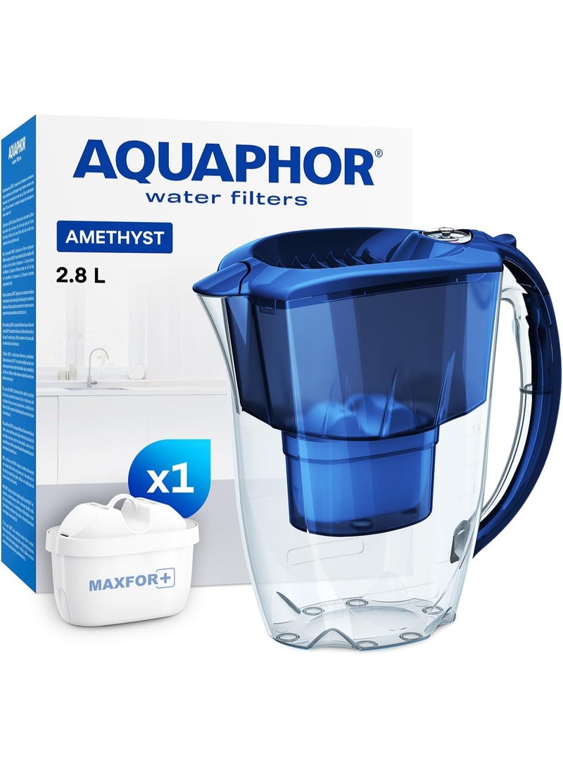 Aquaphor Amethyst MFP+ Water Filter Jug, 2.8L Capacity, Slider Lid And Compact Design, Reduces Chlorine, Rust, Heavy Metals, Odorless And Tasty Water, Fridge-Friendly, BPA-Free, Water Purifier Jug For Daily Use (Cobalt Blue) - Image 1