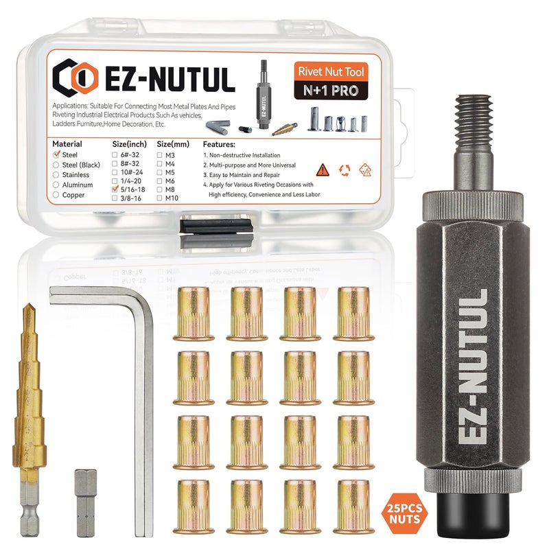 EZ-NUTUL مجموعة أدوات تركيب صمولة ريفيت رأس مسطح ريفنوت مجموعة صمولة مدخلة ملولبة SAE وميترية للمعادن الثقيلة مطلية بالزنك (5/16-18 (أداة صمولة ريفيت - 25 قطعة)) - Image 1