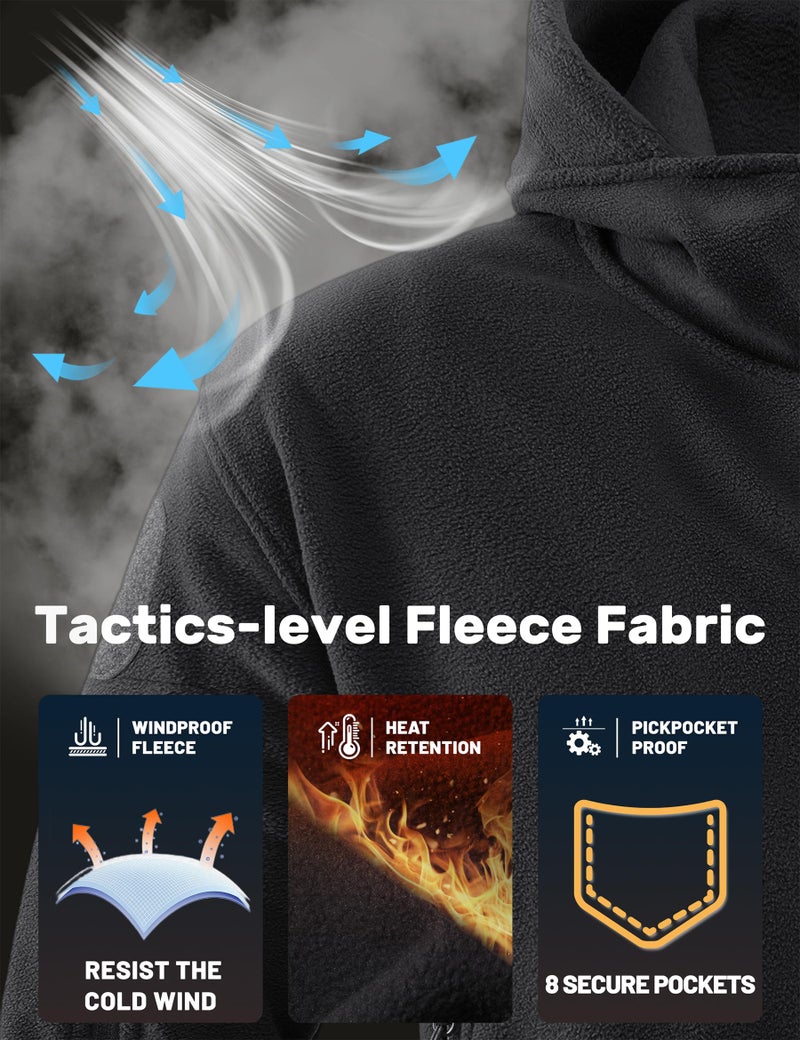 Tacvasen هودي تكتيكي للرجال من TACVASEN جاكيت شتوي دافئ جاكيت فليس للرجال بغطاء كامل بسحاب للرجال مقاوم للرياح للصيد أسود - Image 2