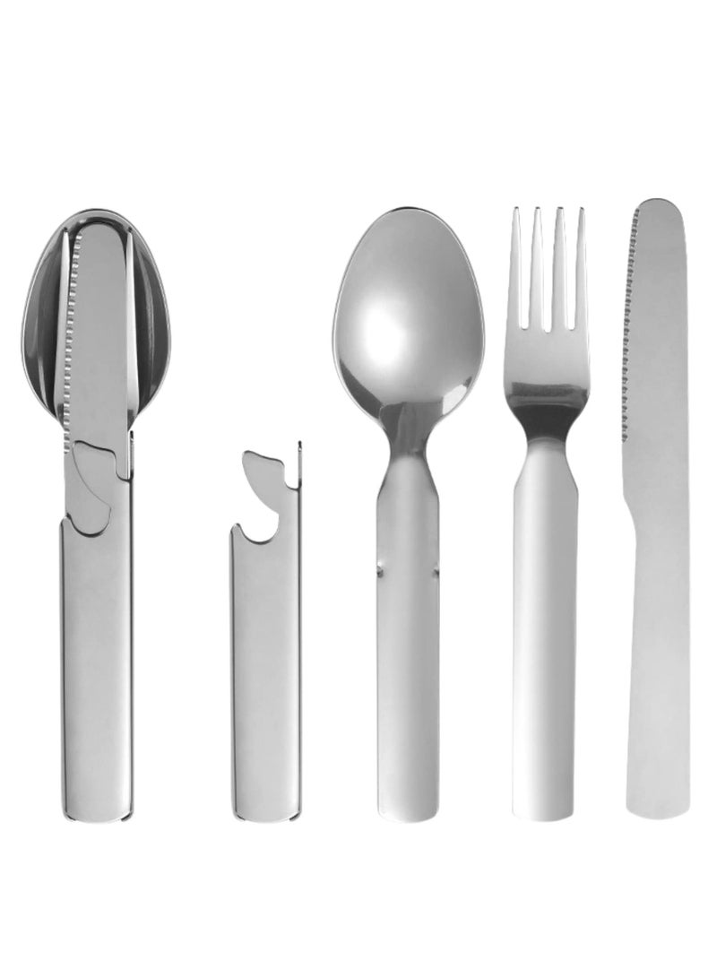 KASTWAVE 4 Pieces Camping Utensils,Outdoor Portable Stainless Steel Spoon,Fork & Bottle Opener Combo Camping Utensil Set for Hiking Camping Travel Functional Eating Multi-Tool - Image 1