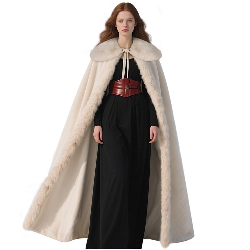 L'VOW Viking Fur Cloak Renaissance Fur Cape - Velvet Winter Cloak Medieval Queen Cosplay Costume(Beige) - Image 1