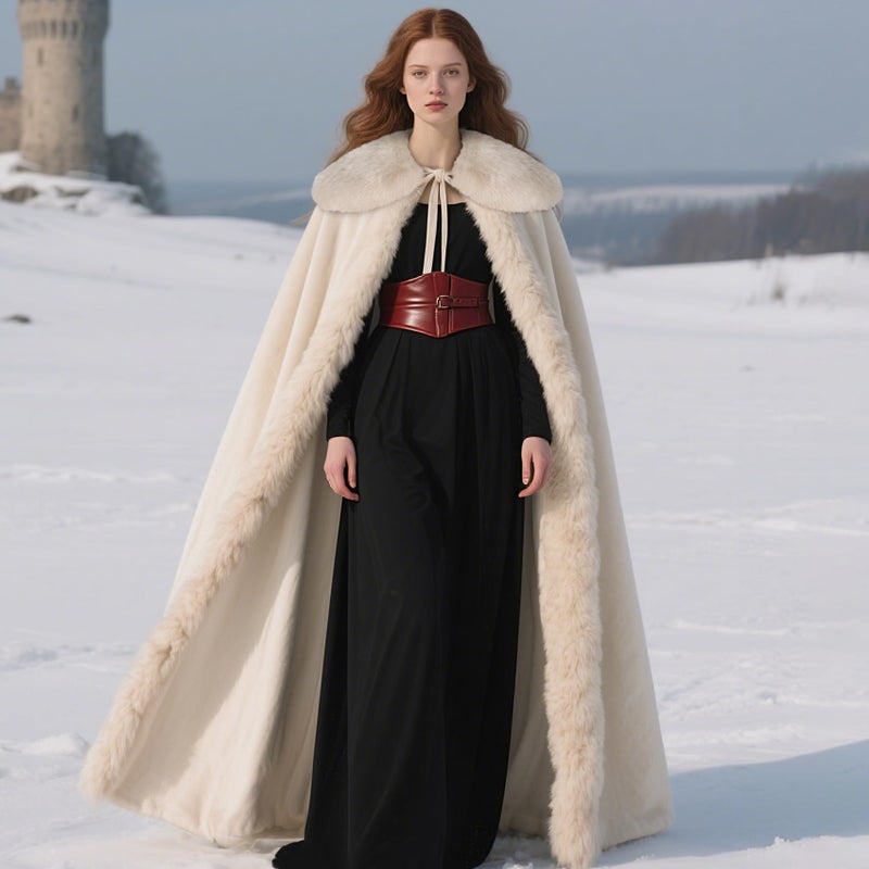 L'VOW Viking Fur Cloak Renaissance Fur Cape - Velvet Winter Cloak Medieval Queen Cosplay Costume(Beige) - Image 4