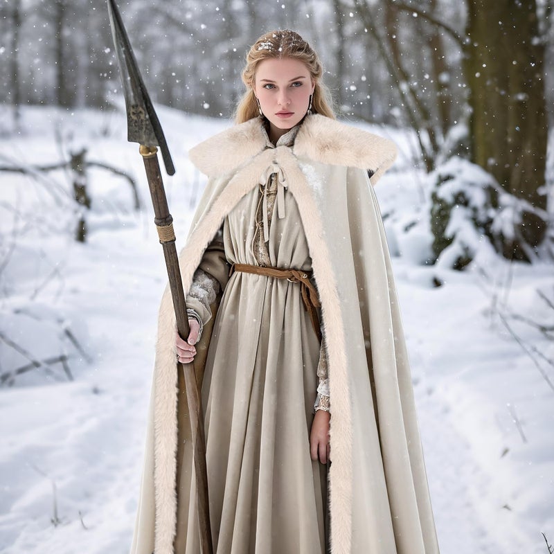 L'VOW Viking Fur Cloak Renaissance Fur Cape - Velvet Winter Cloak Medieval Queen Cosplay Costume(Beige) - Image 3