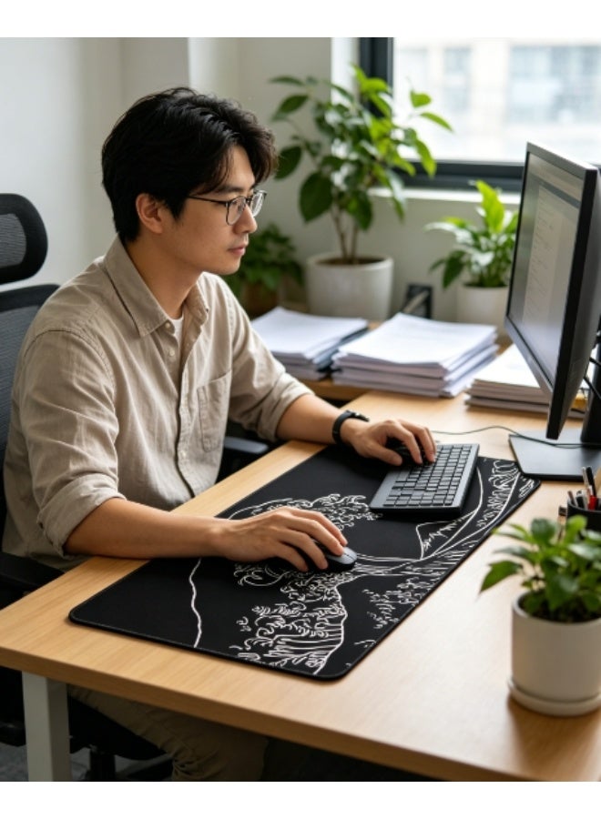 لوحة ماوس ألعاب كبيرة بتصميم موجة، حصيرة مكتب سميكة مضادة للانزلاق، أسود، 31.5 × 11.8 بوصة - Image 5