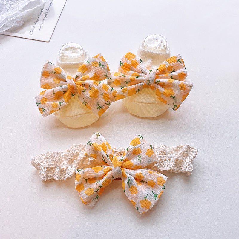 Generic Cute Newborn Socks and Headband Set Cartoon Korean Style Baby Accessories Yellow floral combination 
