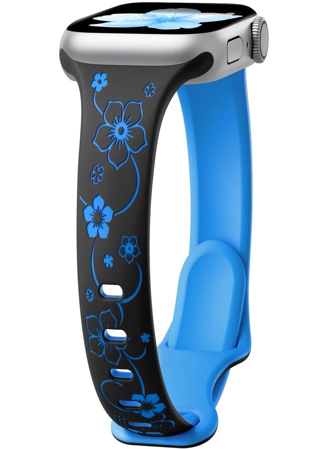 Lerobo Floral Engraved Band Compatible with Apple Watch Bands 40mm 41mm 38mm for Women, Slim Cute Two-Tone Soft Silicone Sport Strap for iWatch Band Series 11 42mm 10 9 8 7 6 5 4 3 2 1 SE,Black/Blue - Image 1