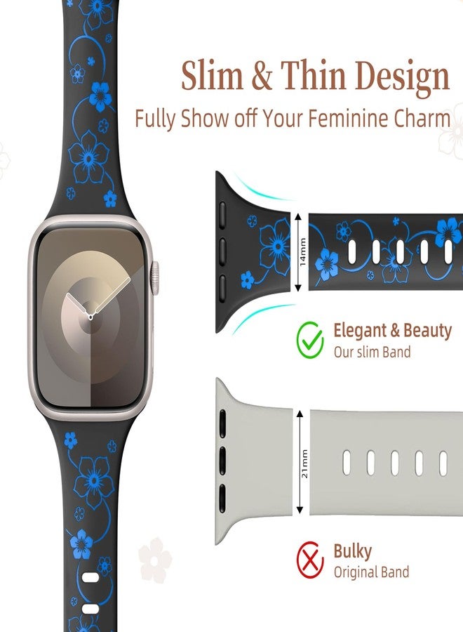 Lerobo Floral Engraved Band Compatible with Apple Watch Bands 40mm 41mm 38mm for Women, Slim Cute Two-Tone Soft Silicone Sport Strap for iWatch Band Series 11 42mm 10 9 8 7 6 5 4 3 2 1 SE,Black/Blue - Image 3