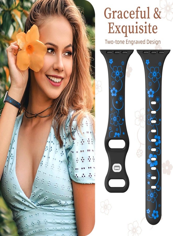 Lerobo Floral Engraved Band Compatible with Apple Watch Bands 40mm 41mm 38mm for Women, Slim Cute Two-Tone Soft Silicone Sport Strap for iWatch Band Series 11 42mm 10 9 8 7 6 5 4 3 2 1 SE,Black/Blue - Image 2