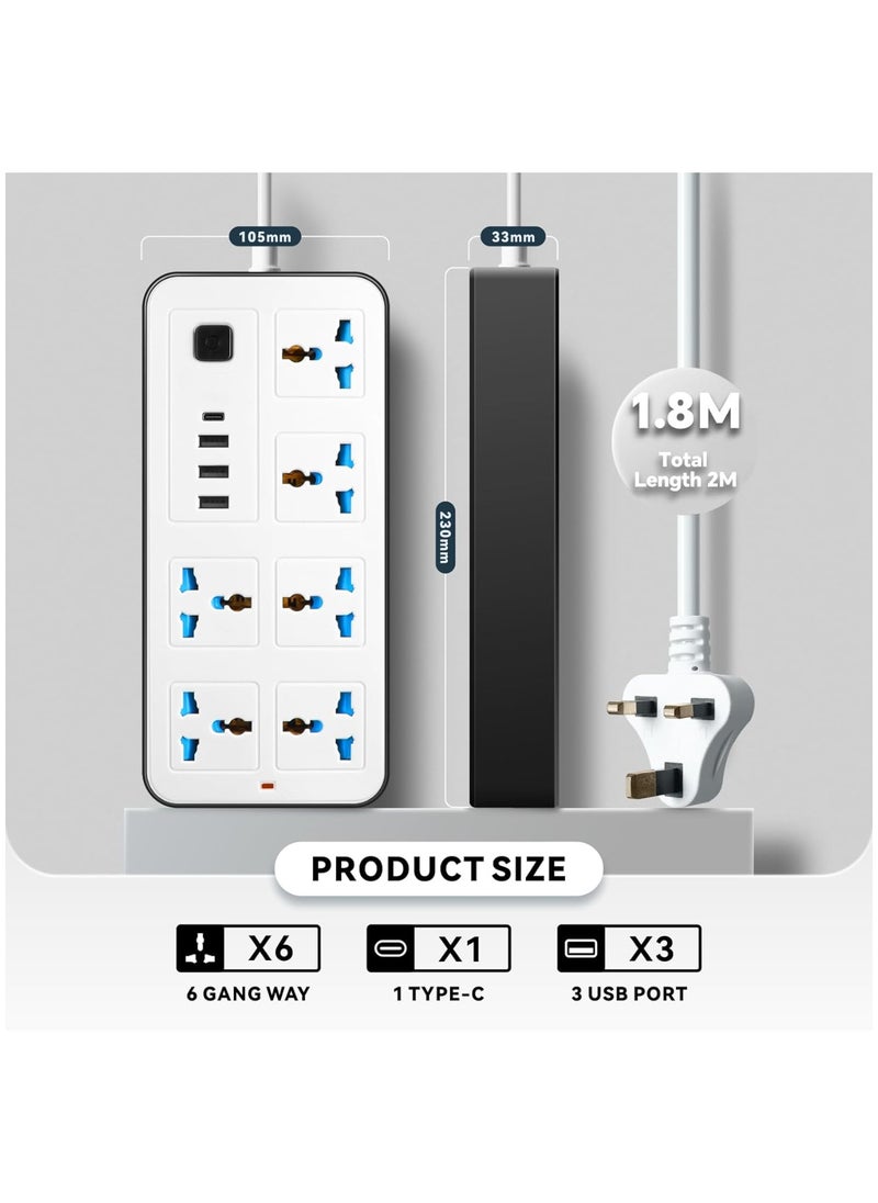 Trendify 2 meters Universal Extension Lead with Multiple Function UK Plug 3 Pin Socket Outlet with 6 Gang, 3 USB Port, 1 Type-C Port, 1.8M Electric Socket Mains Strip for Home Kitchen and Office, Power Strip with Child Security Door and Kids Protection, Smart Chip Inside and Over Load Switch More Safety Functionality   (Available Color May Vary in white & black)  - Image 2