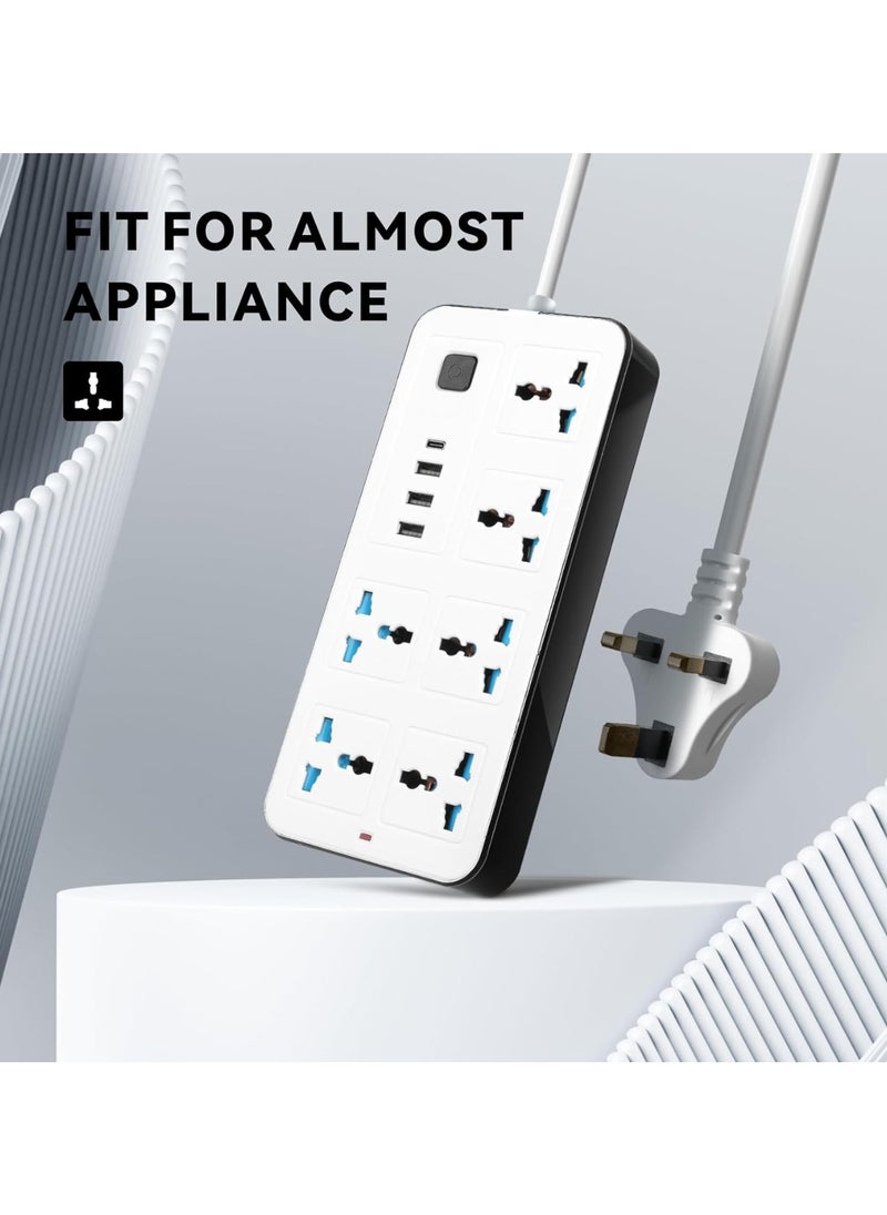 Trendify 2 meters Universal Extension Lead with Multiple Function UK Plug 3 Pin Socket Outlet with 6 Gang, 3 USB Port, 1 Type-C Port, 1.8M Electric Socket Mains Strip for Home Kitchen and Office, Power Strip with Child Security Door and Kids Protection, Smart Chip Inside and Over Load Switch More Safety Functionality   (Available Color May Vary in white & black)  - Image 3