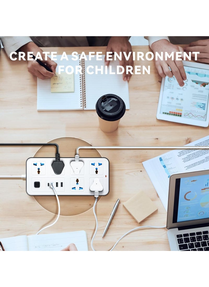 2 meters Universal Extension Lead with Multiple Function UK Plug 3 Pin Socket Outlet with 6 Gang, 3 USB Port, 1 Type-C Port, 1.8M Electric Socket Mains Strip for Home Kitchen and Office, Power Strip with Child Security Door and Kids Protection, Smart Chip Inside and Over Load Switch More Safety Functionality   (Available Color May Vary in white & black)